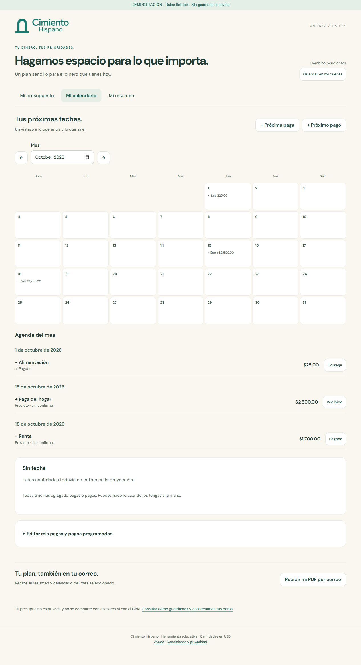 Calendario real de Cimiento con ingresos y pagos ficticios