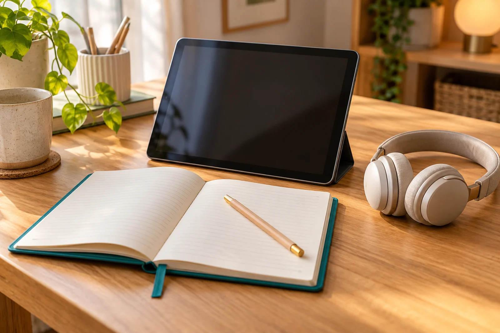 Tableta, cuaderno y audífonos preparados para seguir el curso
