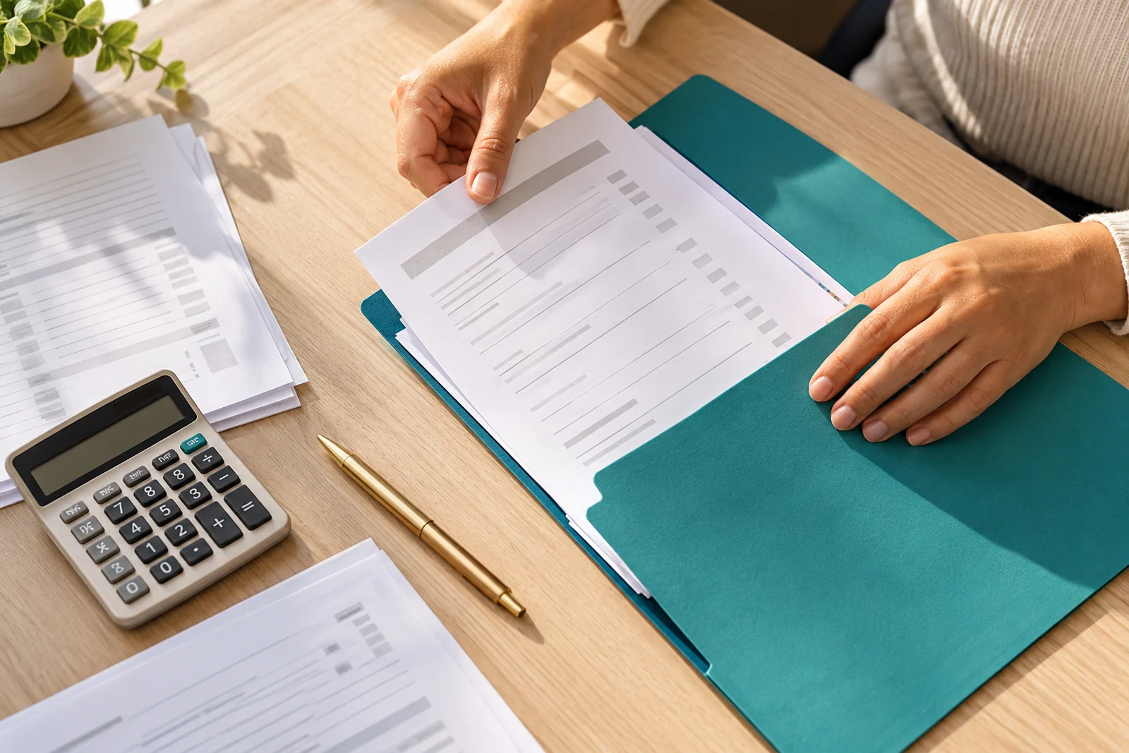 Manos organizando documentos junto a una carpeta y calculadora