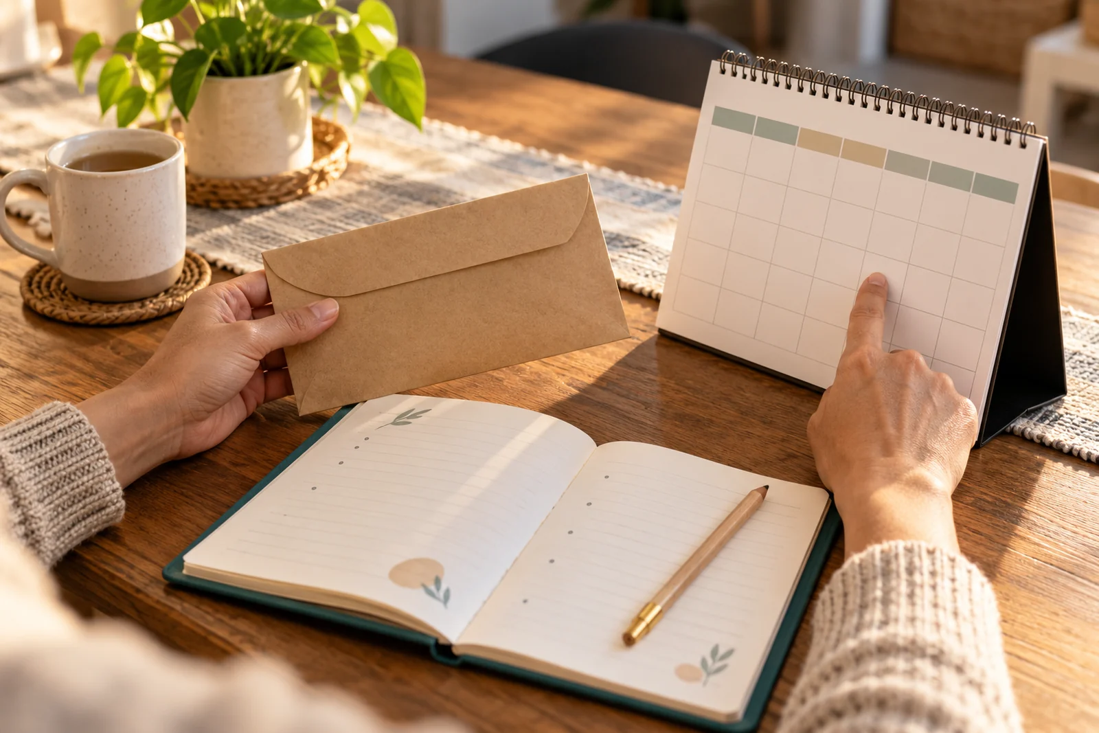 Manos preparando un plan con libreta, sobres y calendario