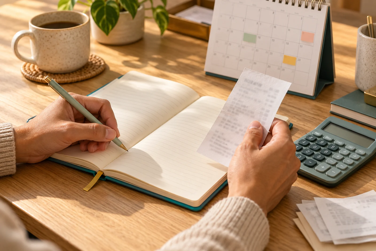 Manos organizando una libreta, calculadora y calendario