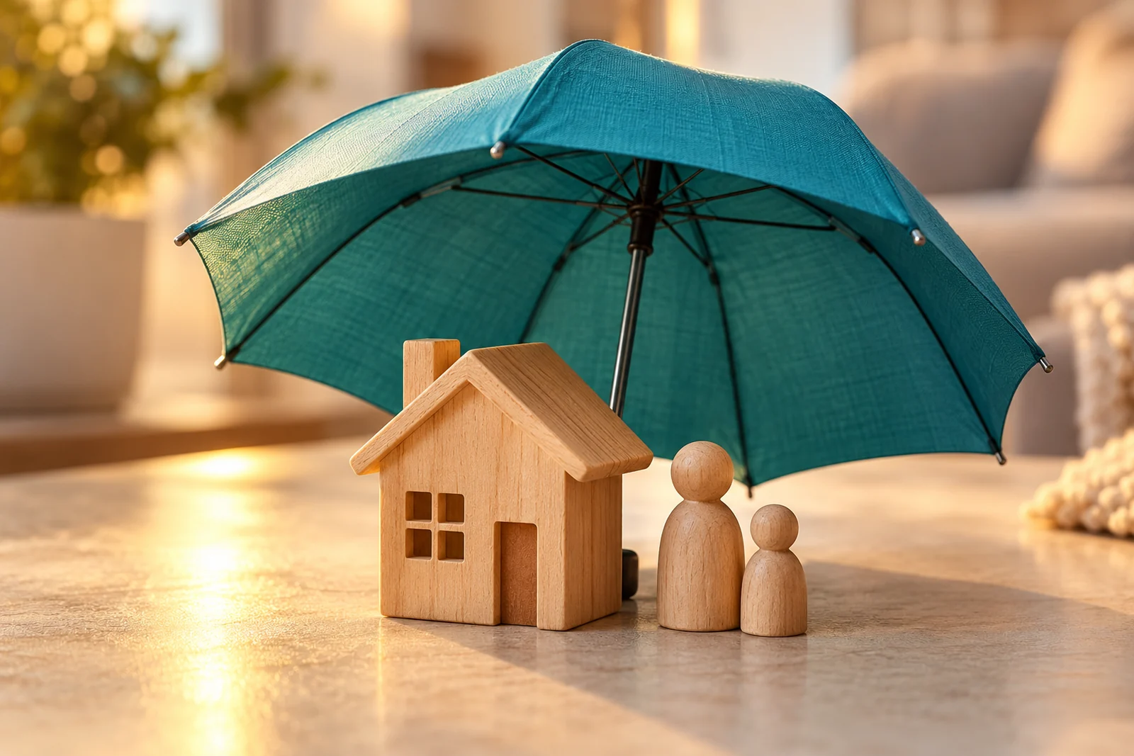 Paraguas teal protegiendo una casita y figuras de madera