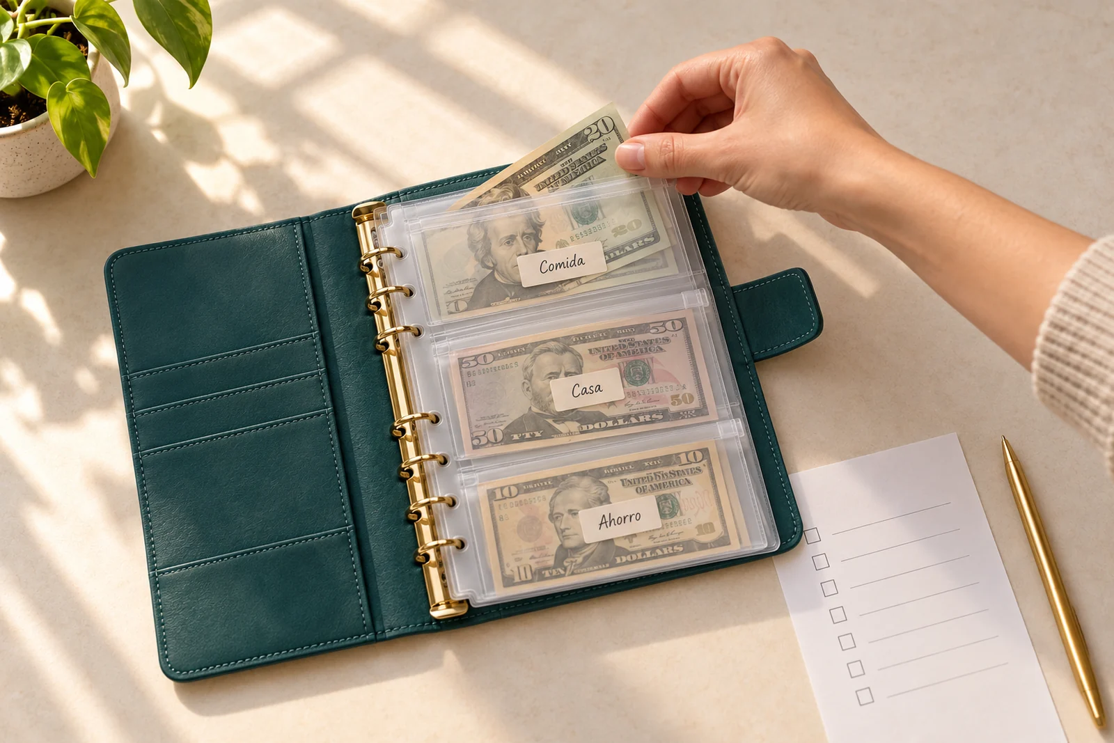 Mano organizando billetes estadounidenses en fundas transparentes de presupuesto